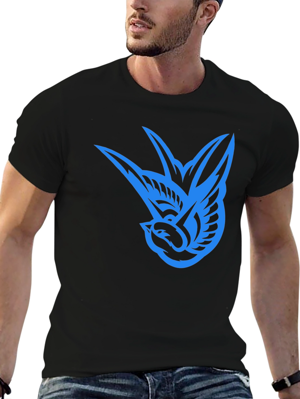 Blue Swallow Graphic Black T-Shirt