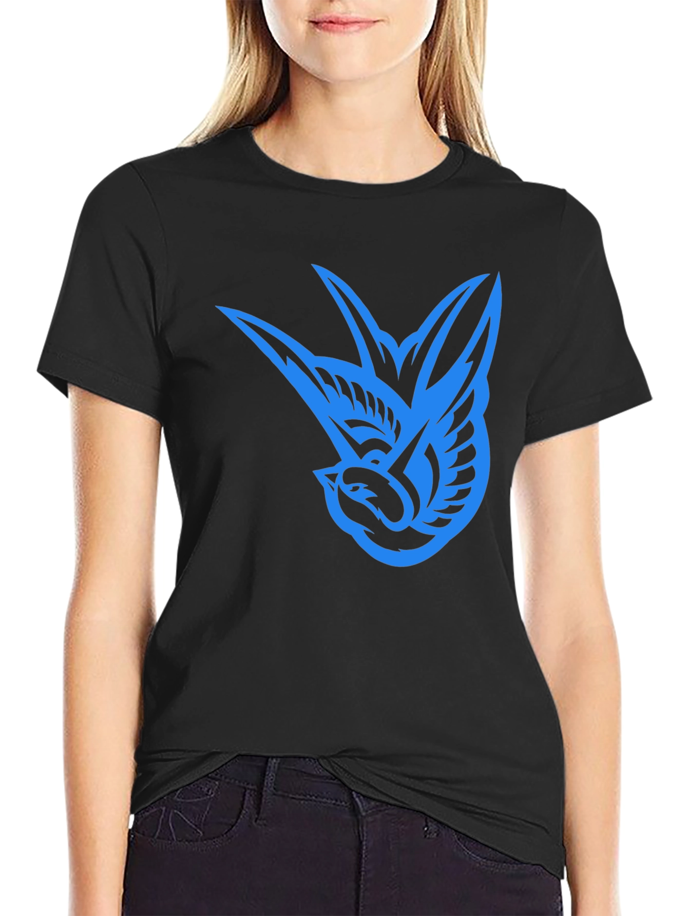 Blue Swallow Graphic Black T-Shirt