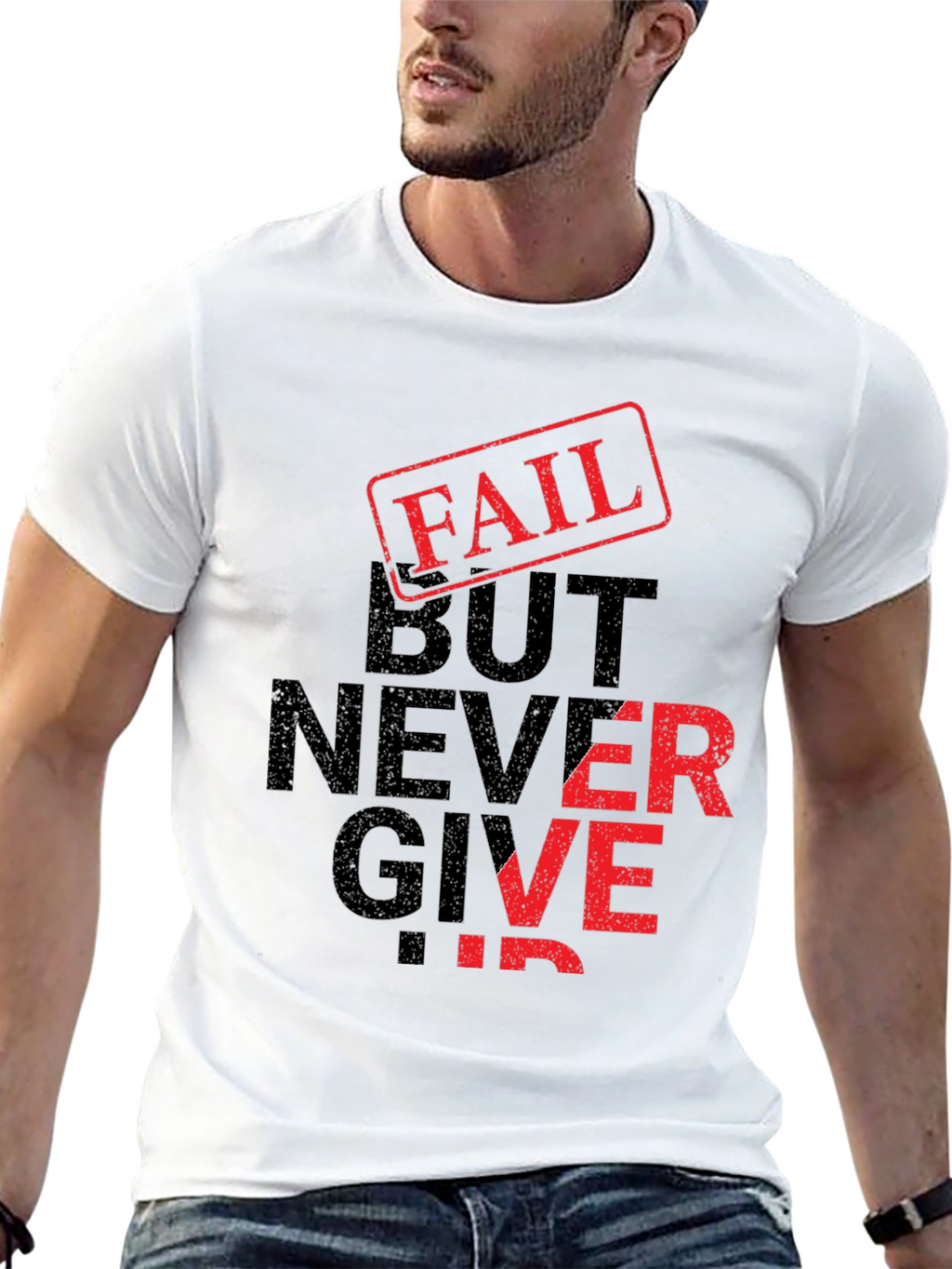 Fail But Never Give Up Black Graphic T-Shirt
