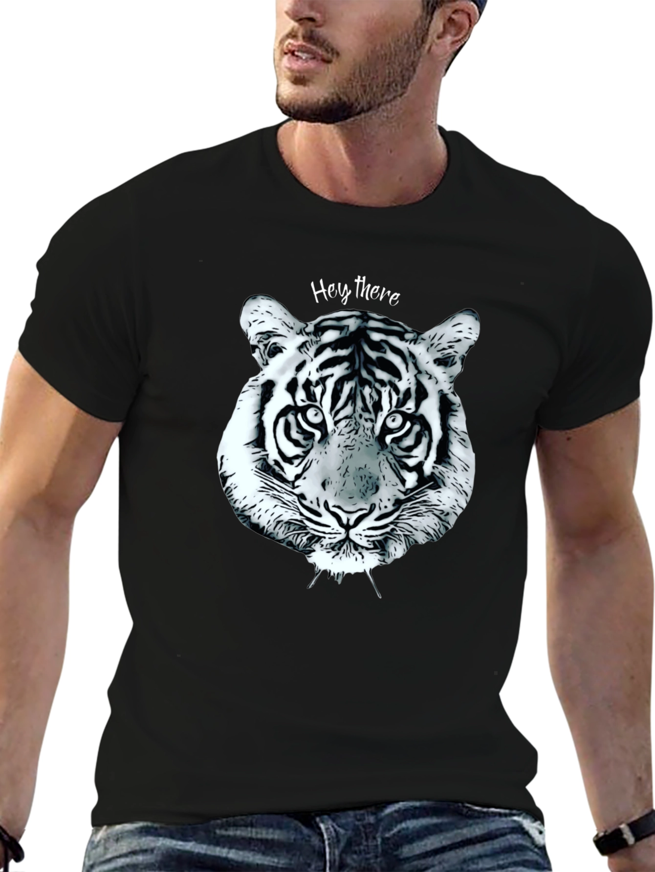 Black Tiger Face Graphic Tee - Casual Style