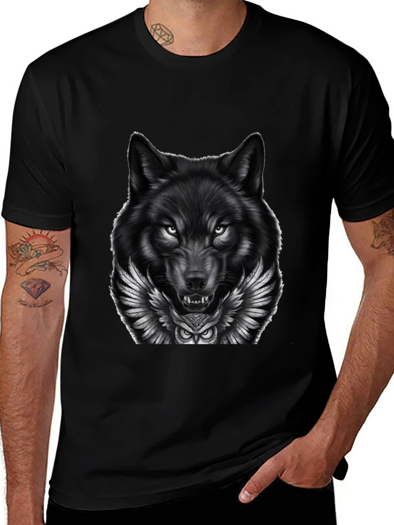 Wolf & Owl Graphic Print Mens Black T-Shirt