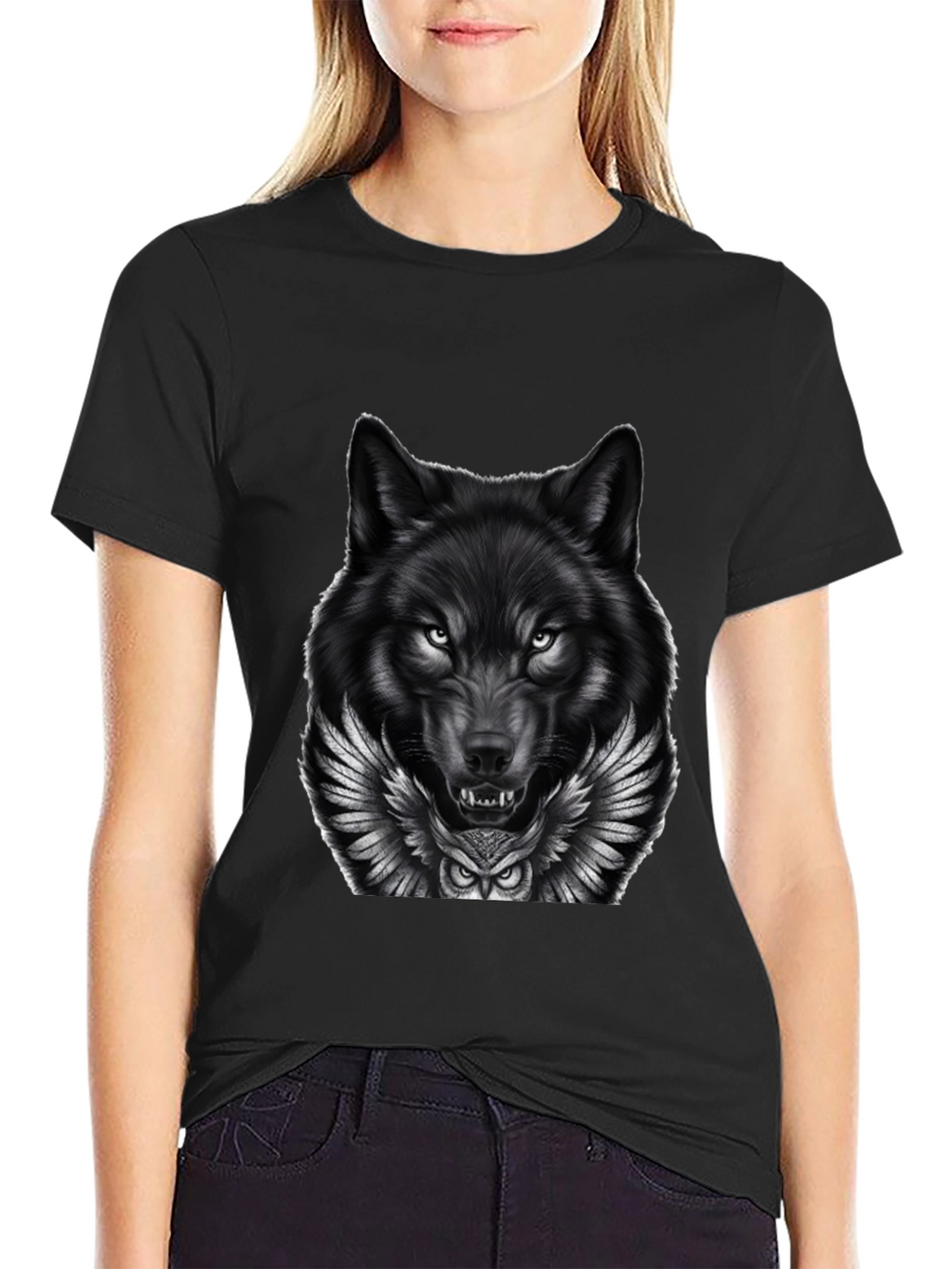 Wolf & Owl Graphic Print Mens Black T-Shirt
