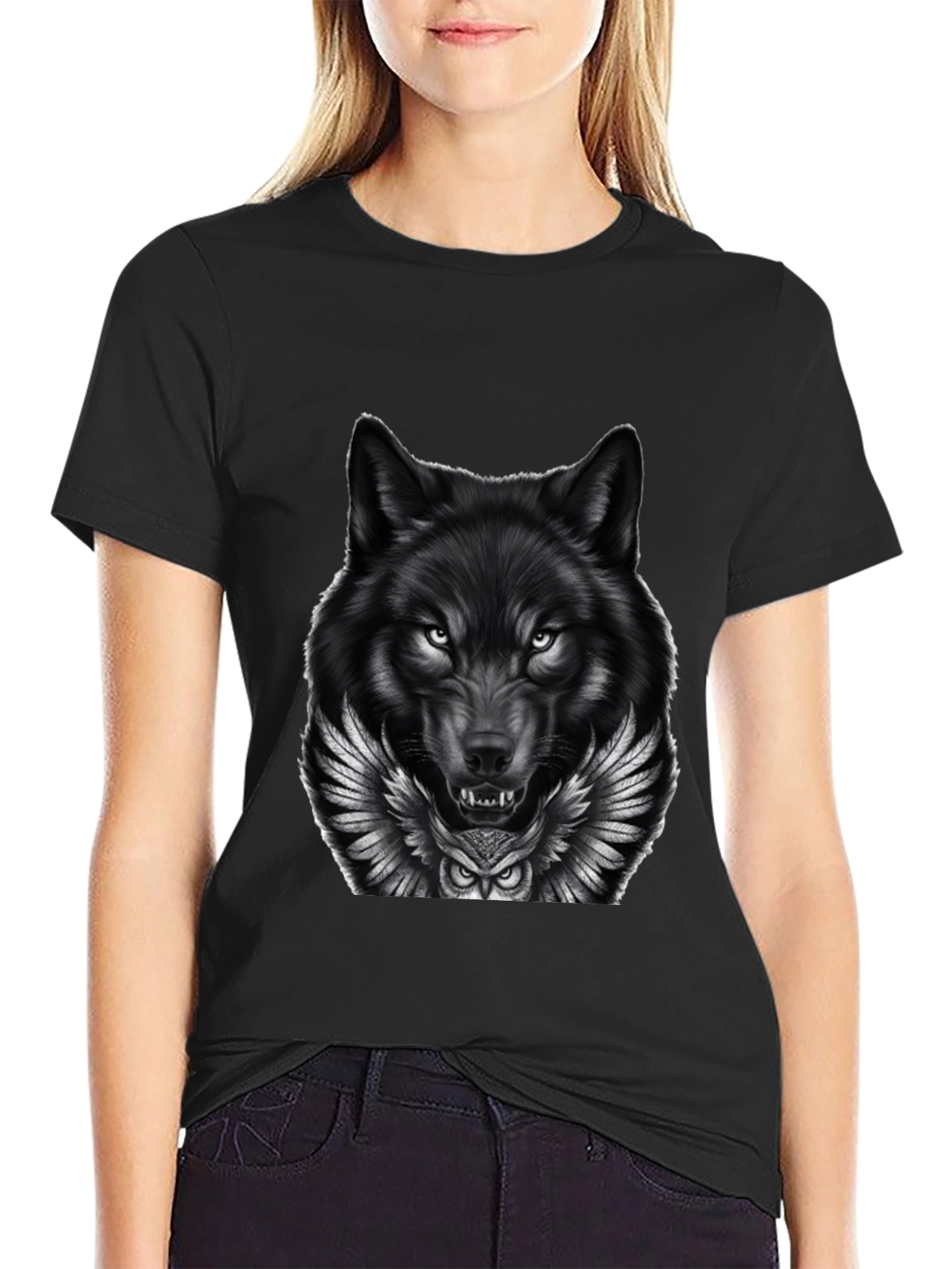 Wolf & Owl Graphic Print Mens Black T-Shirt