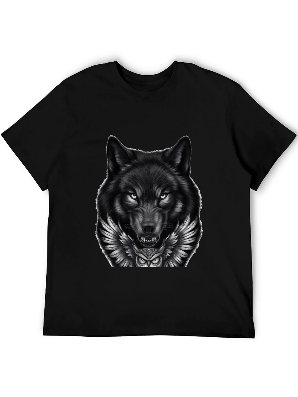 Wolf & Owl Graphic Print Mens Black T-Shirt