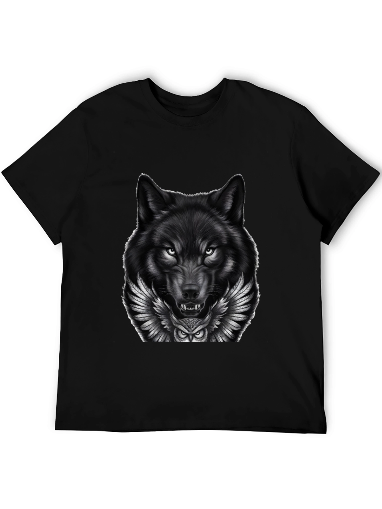Wolf & Owl Graphic Print Mens Black T-Shirt