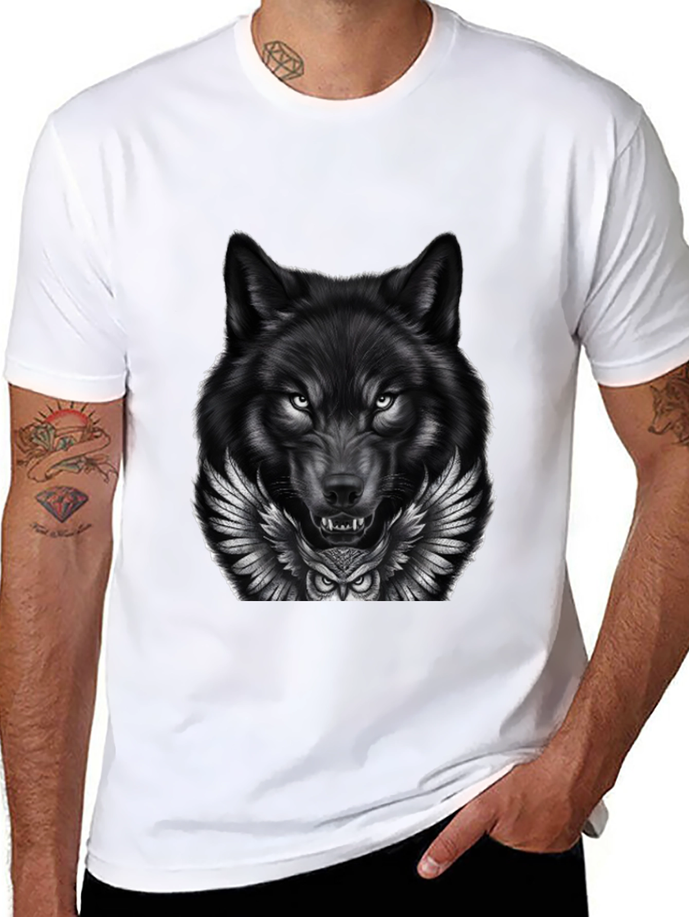 Wolf & Owl Graphic Print Mens Black T-Shirt