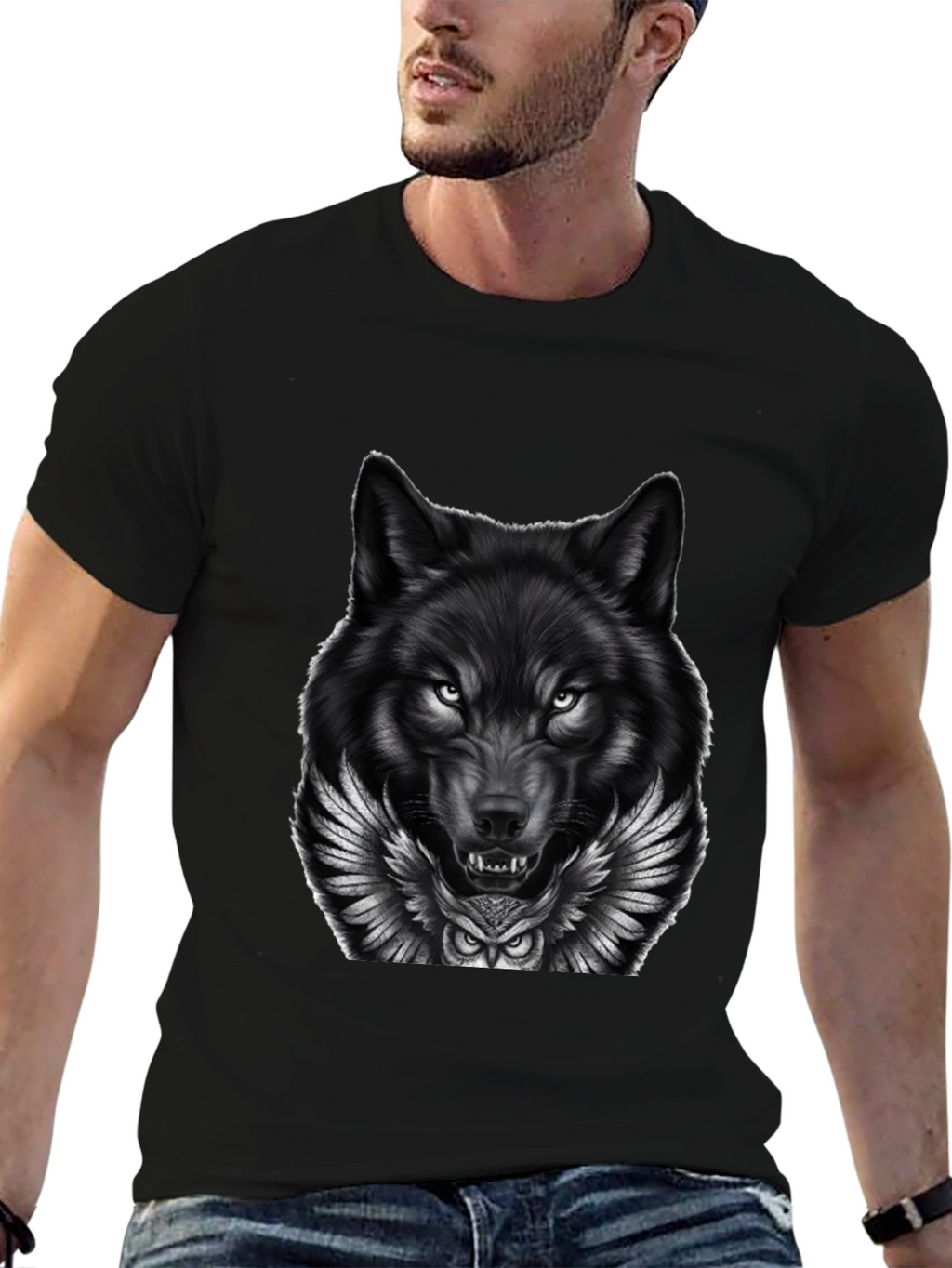Wolf & Owl Graphic Print Mens Black T-Shirt