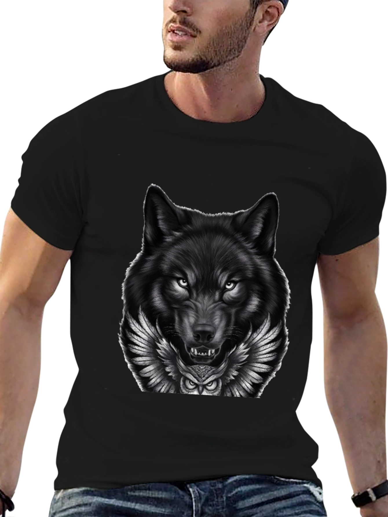 Wolf & Owl Graphic Print Mens Black T-Shirt