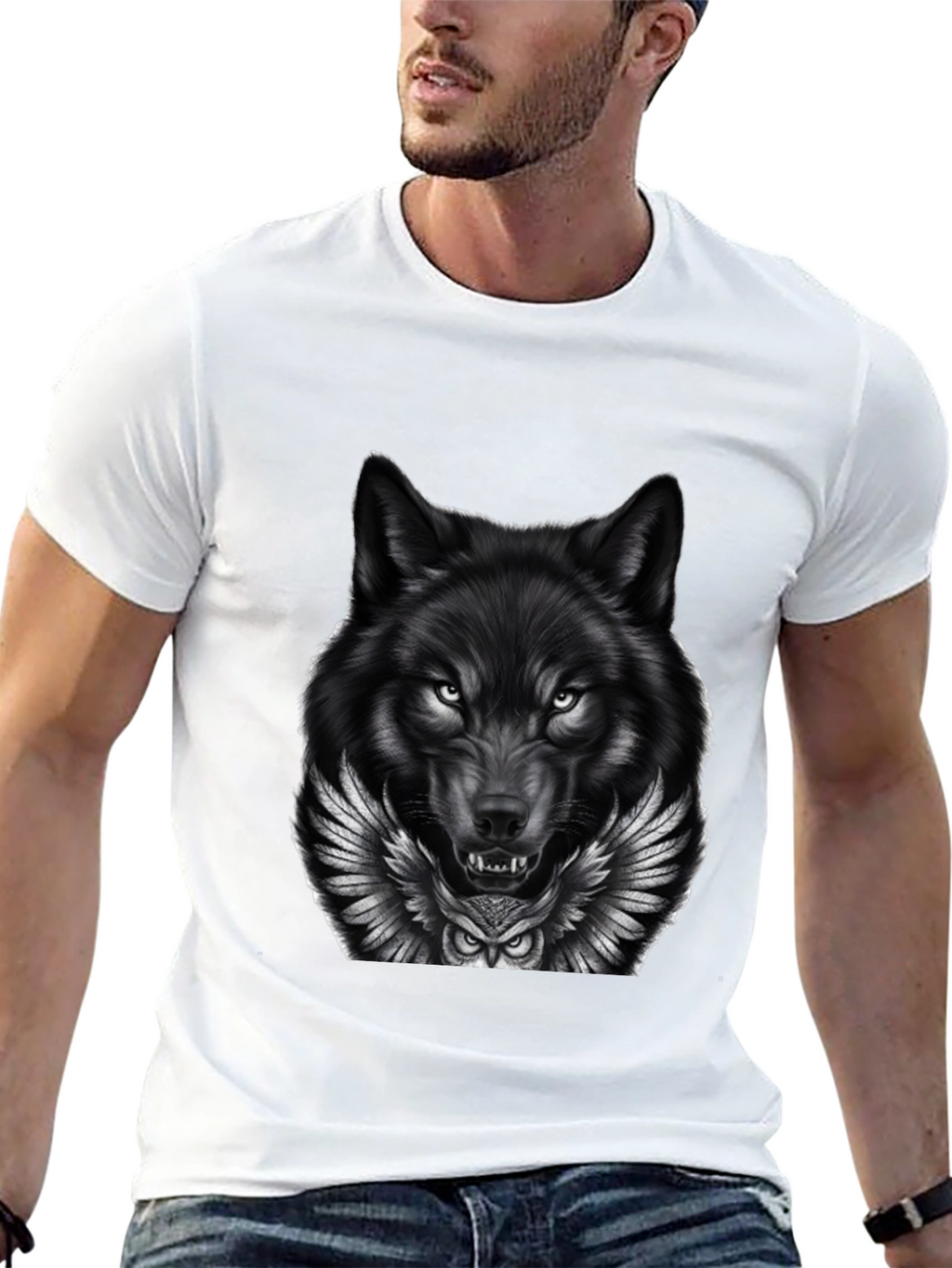 Wolf & Owl Graphic Print Mens Black T-Shirt