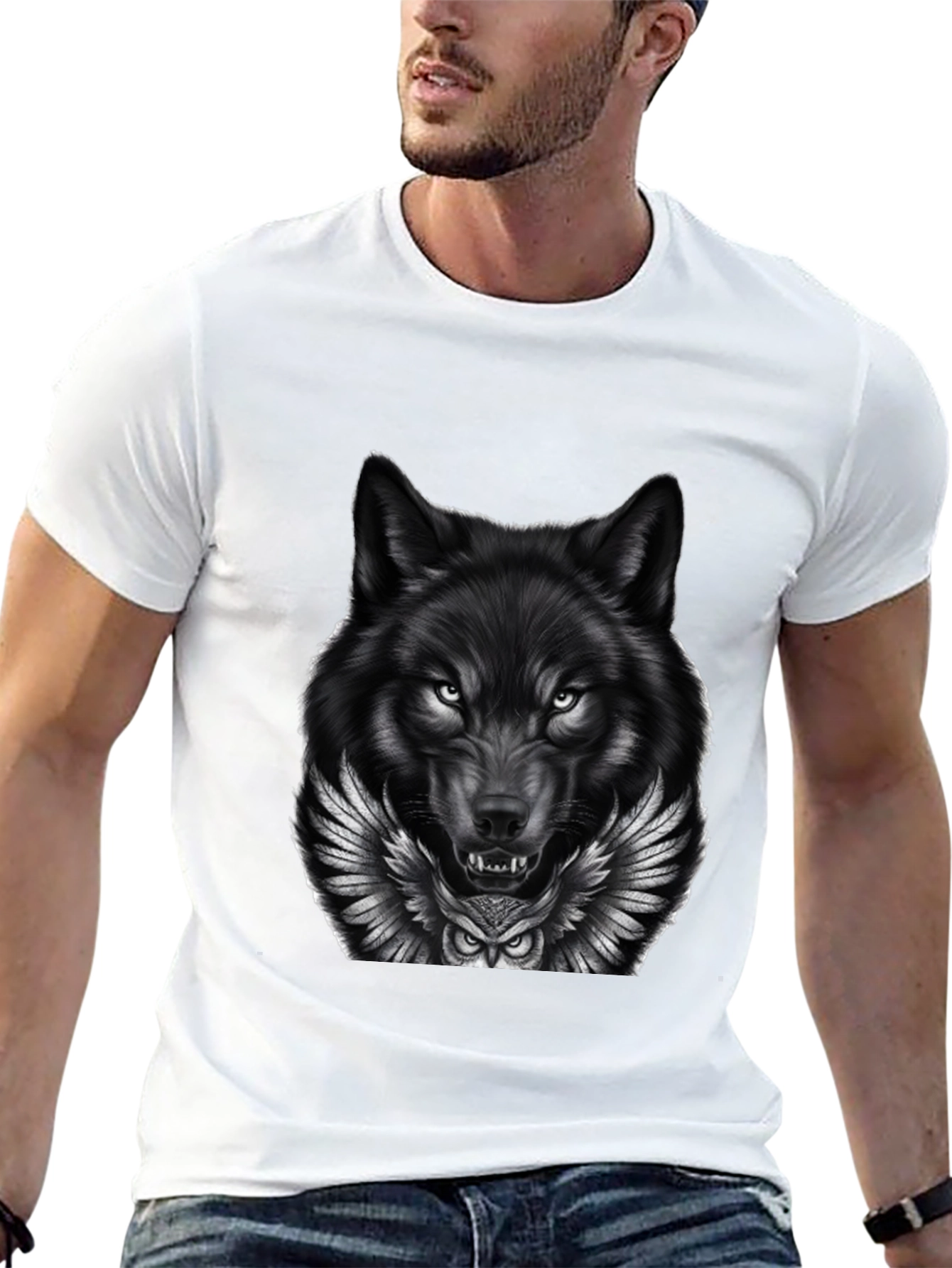 Wolf & Owl Graphic Print Mens Black T-Shirt