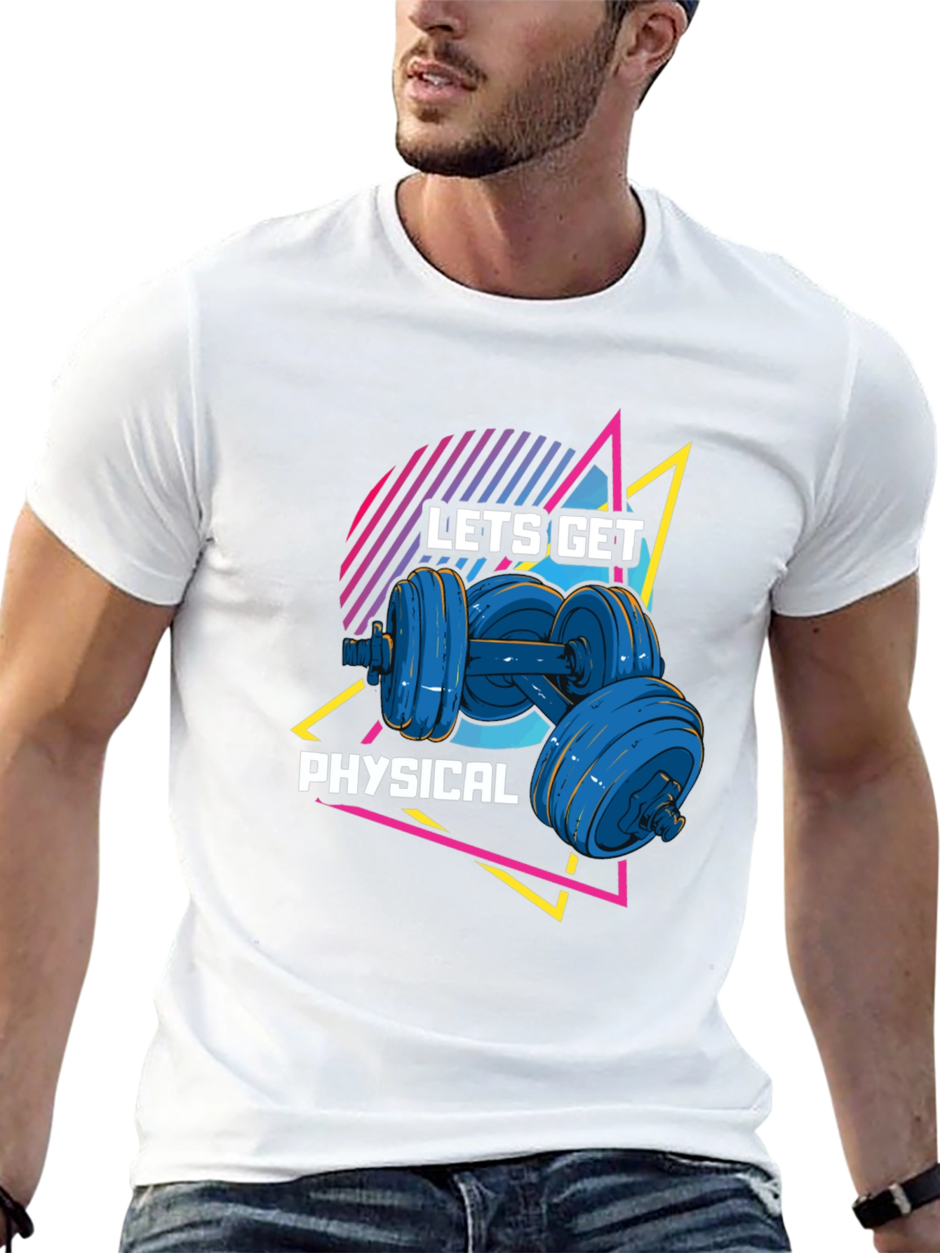 Lets Get Physical Black T-Shirt Retro Dumbbell Design