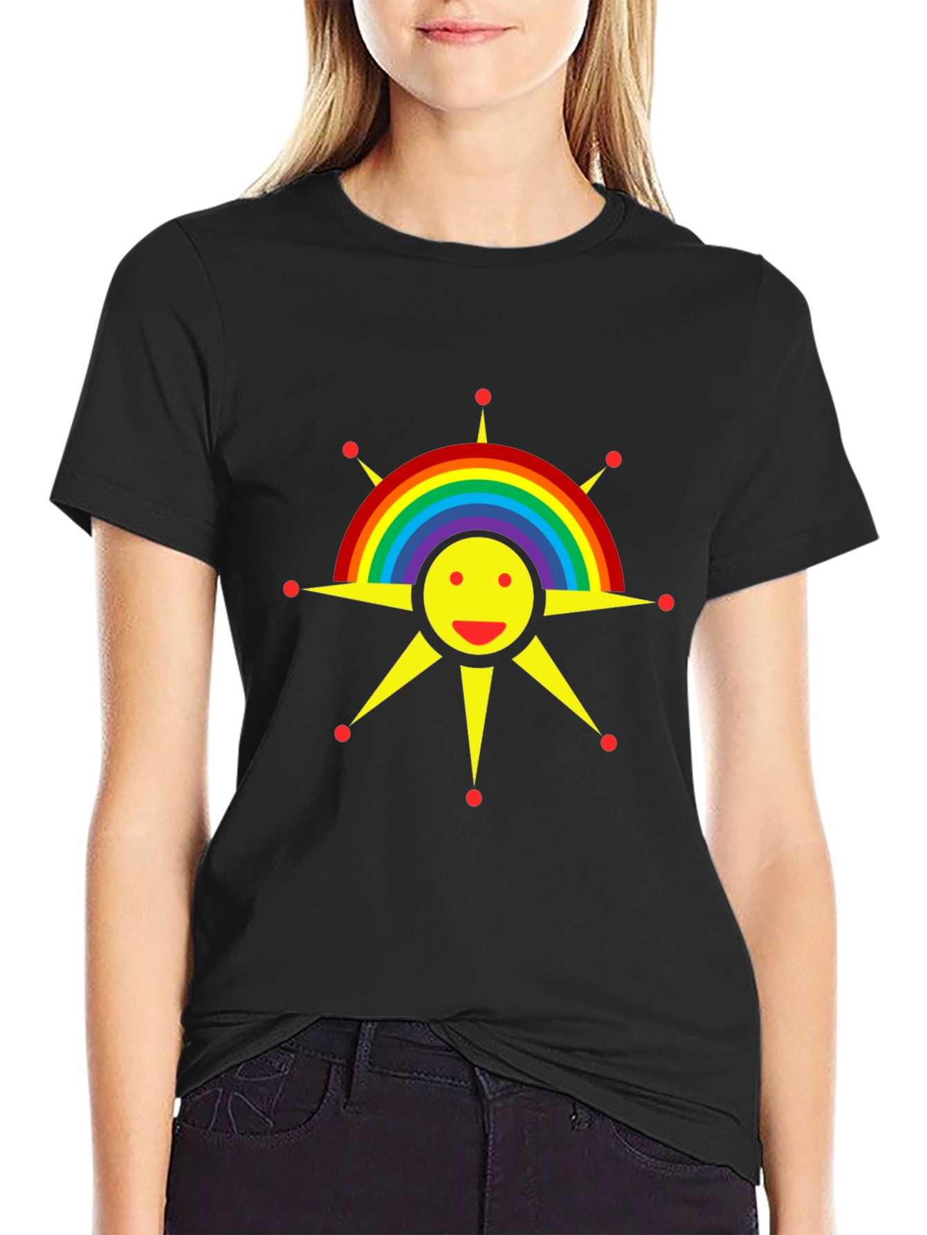 Rainbow Sun Graphic Tee - Black Cotton T-Shirt