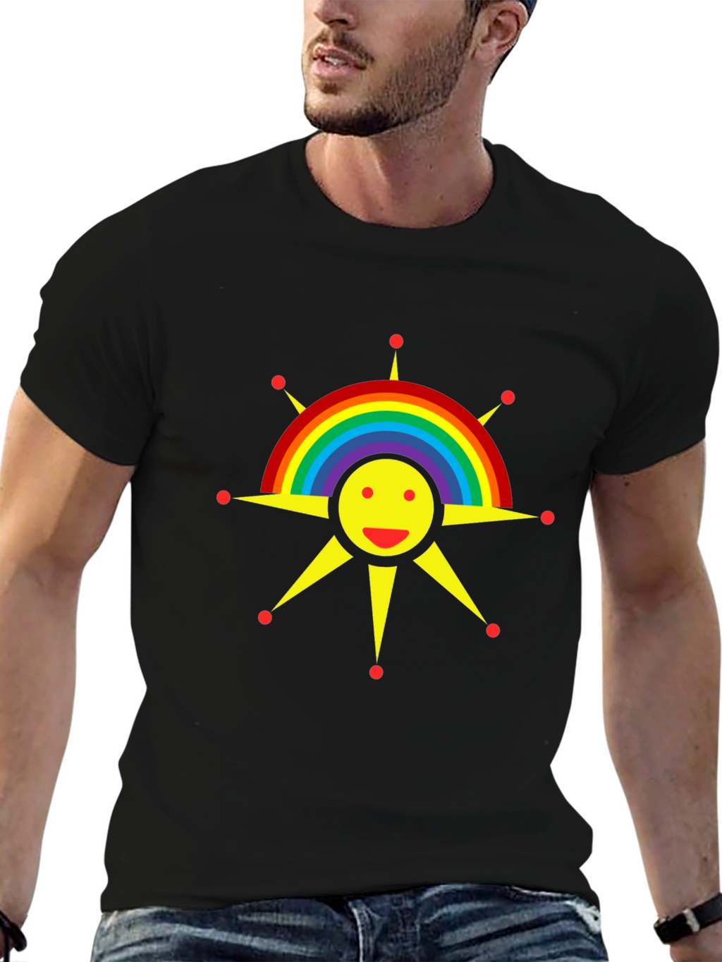Rainbow Sun Graphic Tee - Black Cotton T-Shirt