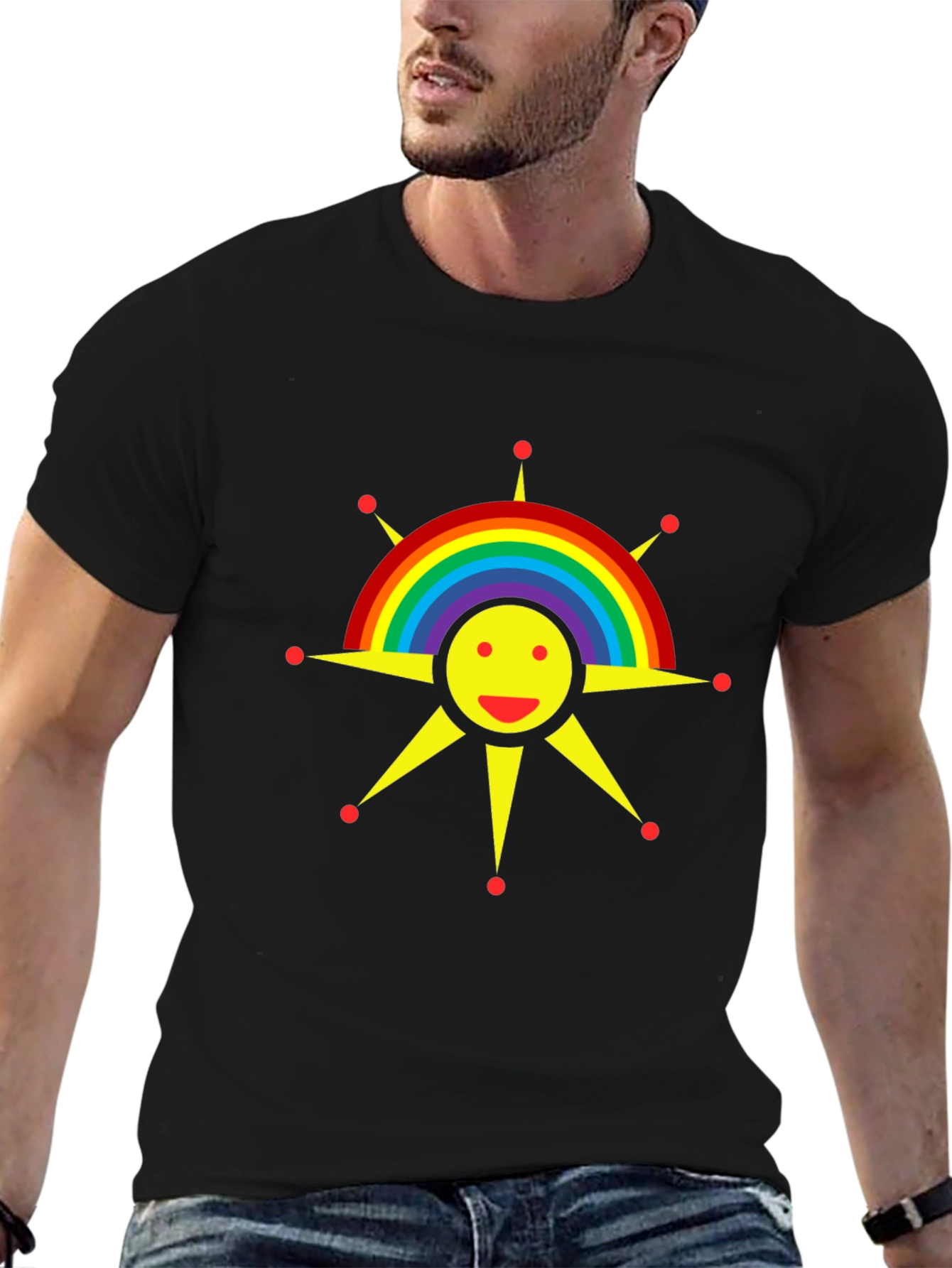 Rainbow Sun Graphic Tee - Black Cotton T-Shirt