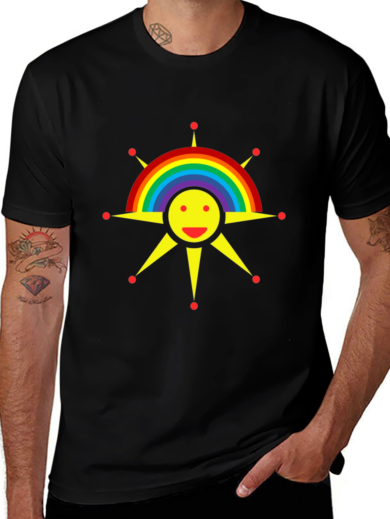 Rainbow Sun Graphic Tee - Black Cotton T-Shirt