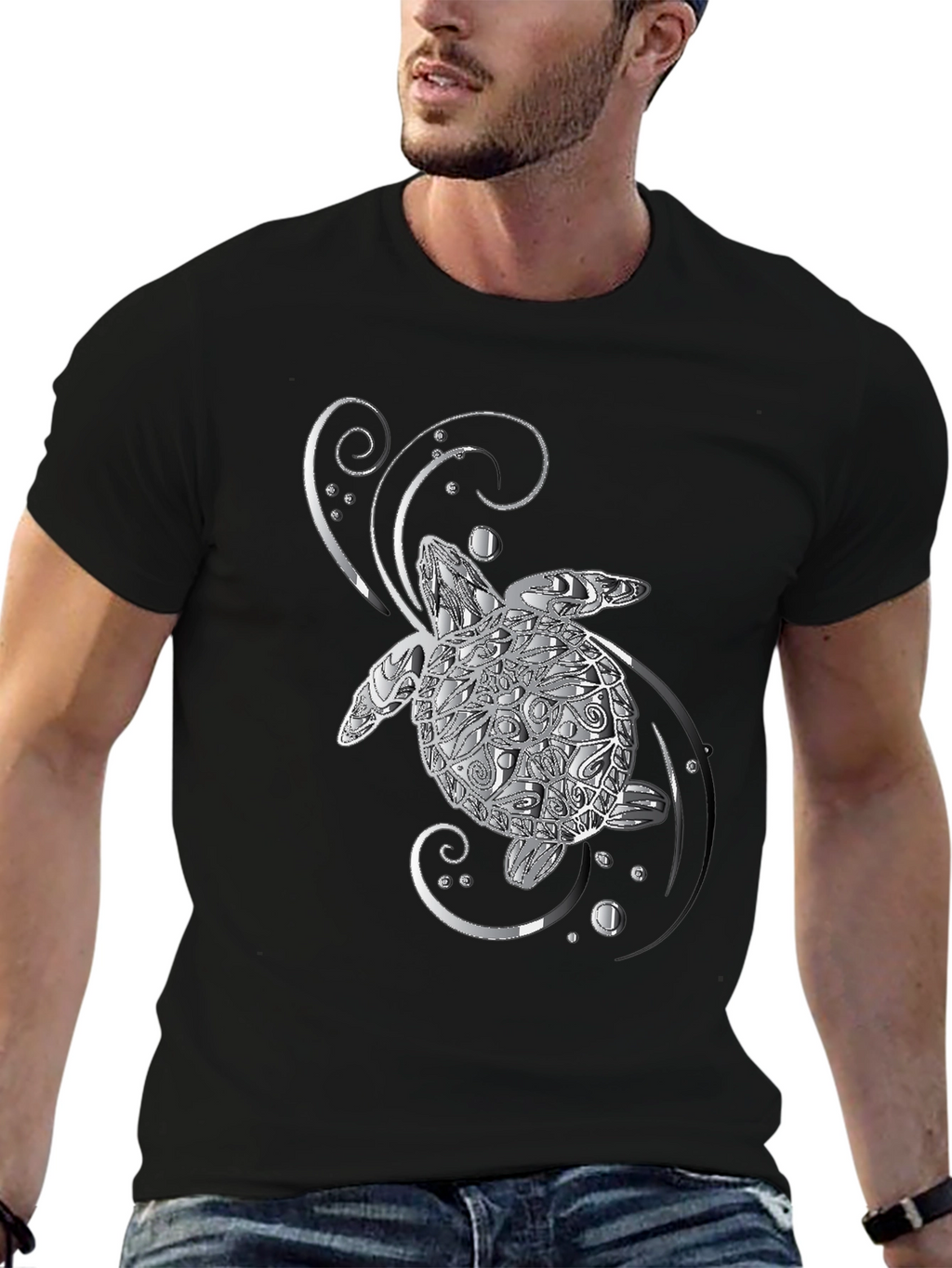 Sea Turtle Graphic T-Shirt - Silver Design on Black