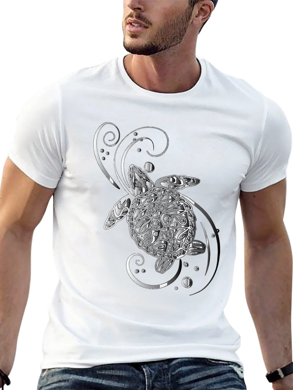 Sea Turtle Graphic T-Shirt - Silver Design on Black