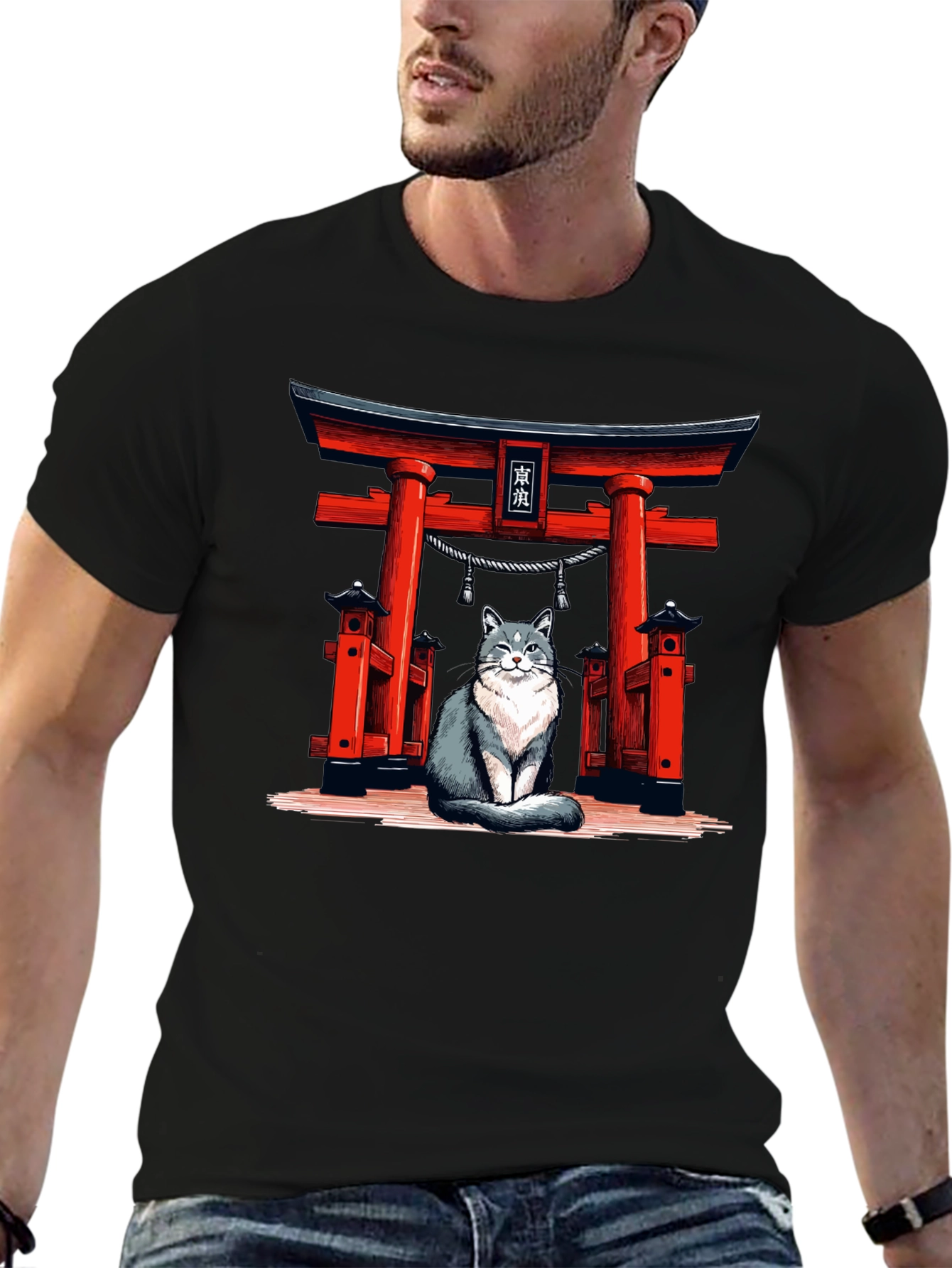 Cat Torii Gate Black T-Shirt