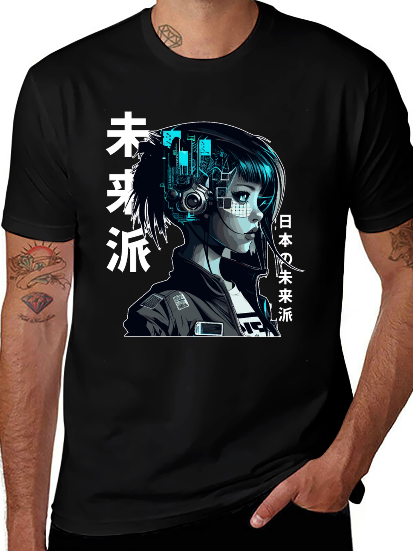 Cyberpunk Girl Graphic Print Black T-Shirt