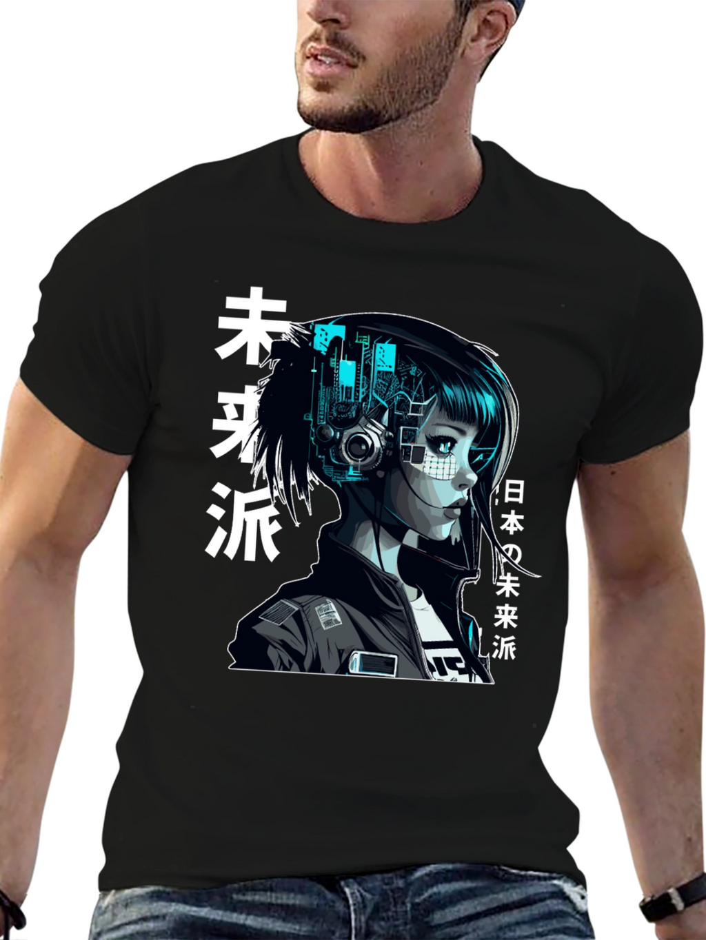 Cyberpunk Girl Graphic Print Black T-Shirt