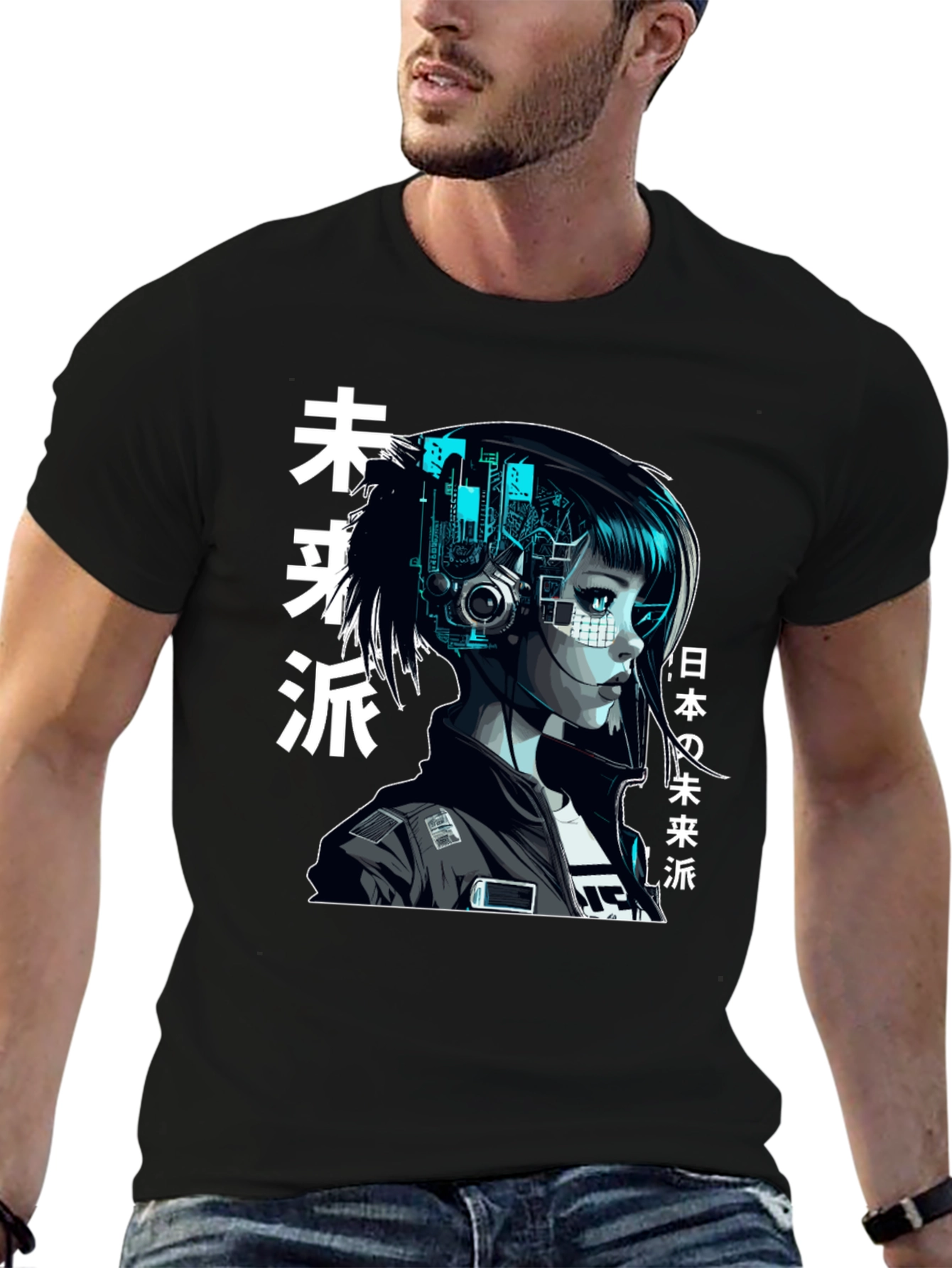 Cyberpunk Girl Graphic Print Black T-Shirt
