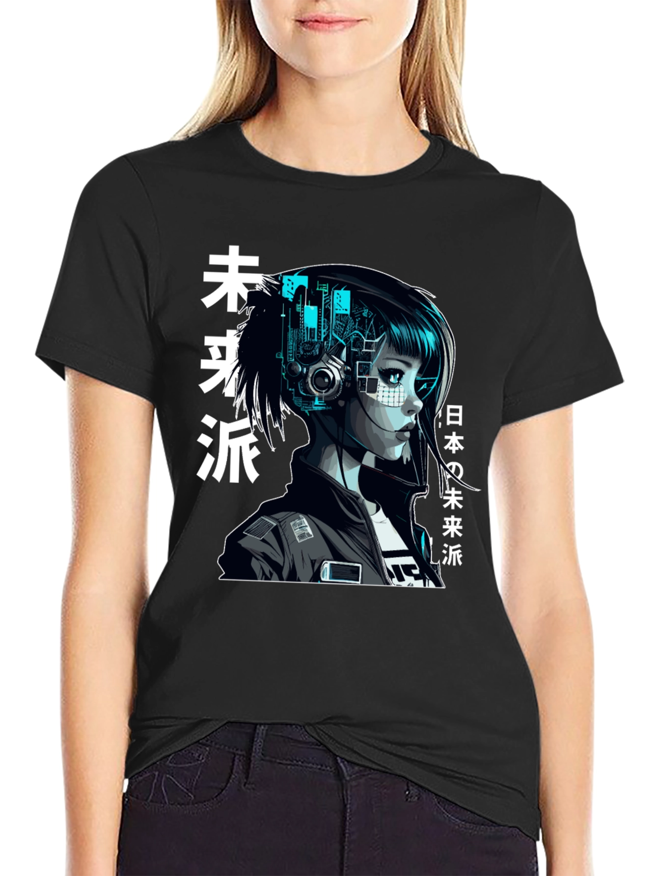 Cyberpunk Girl Graphic Print Black T-Shirt