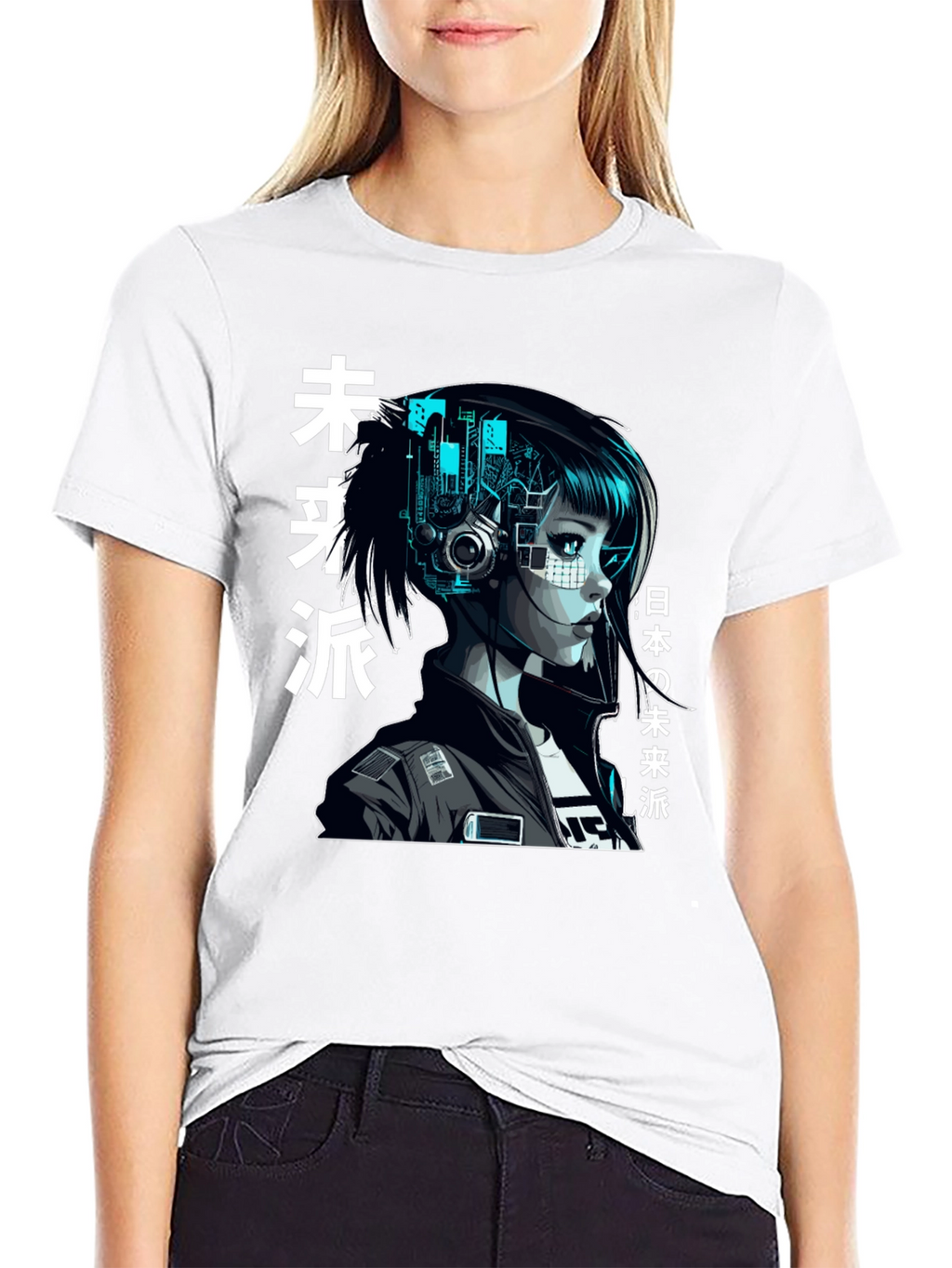 Cyberpunk Girl Graphic Print Black T-Shirt