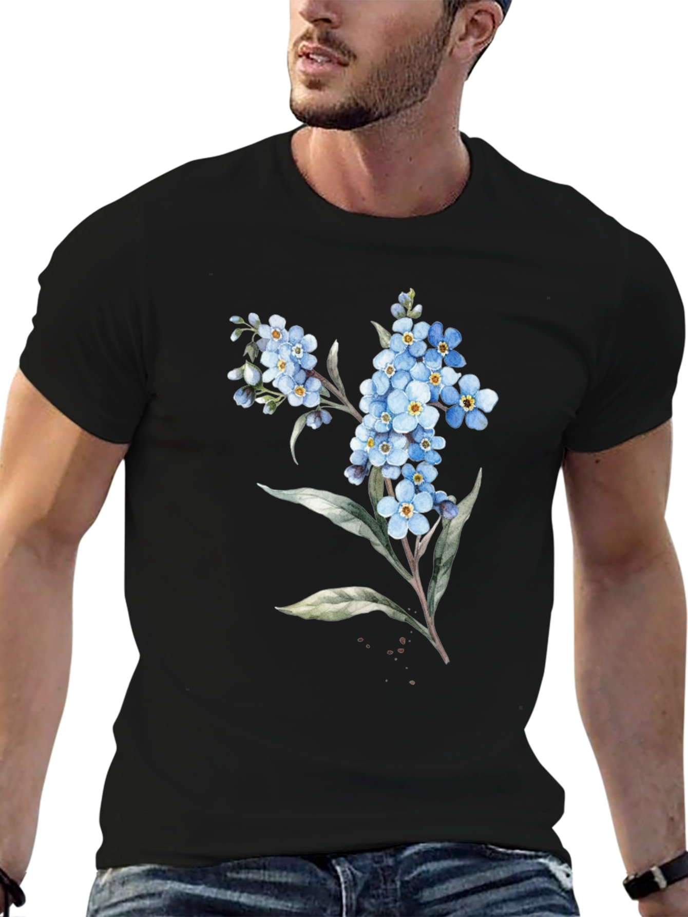 Floral Black T-Shirt - Forget-Me-Not Design
