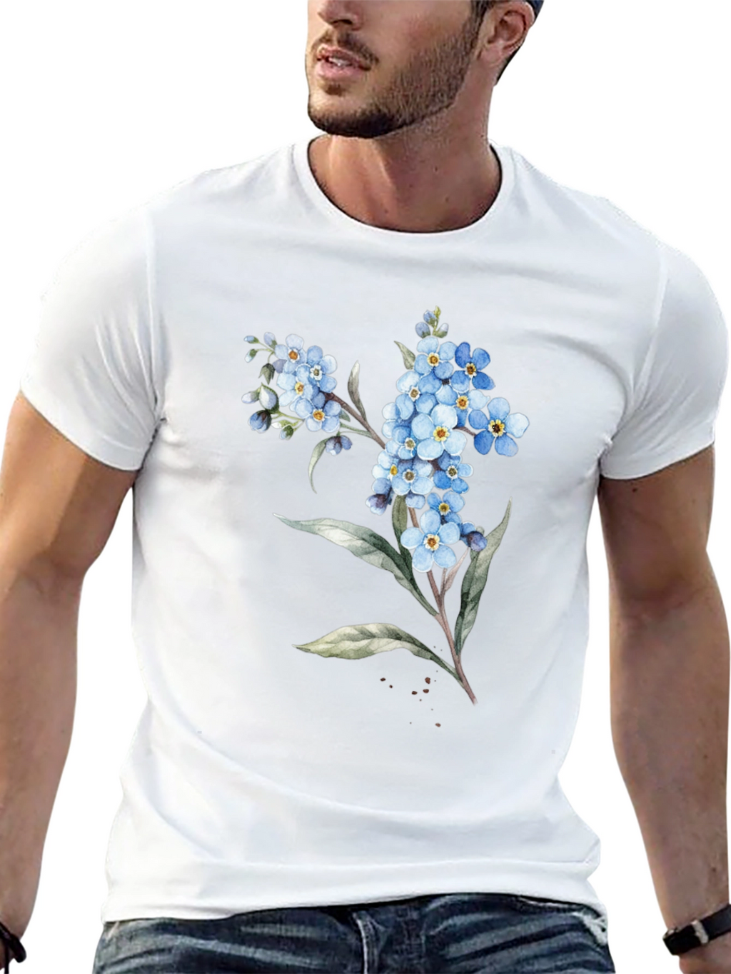 Floral Black T-Shirt - Forget-Me-Not Design