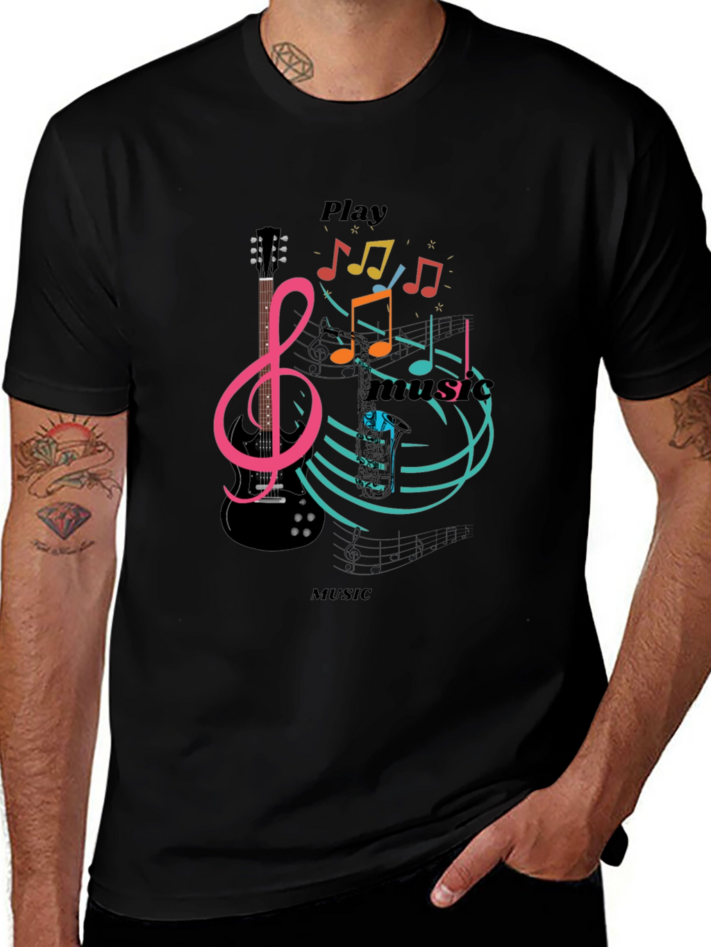 Play Music Graphic T-Shirt - Stylish Black Tee