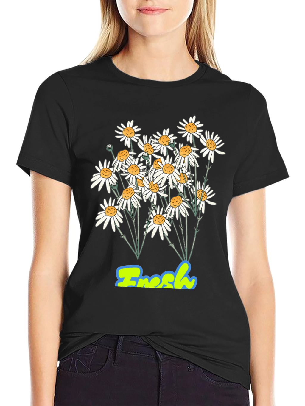 Fresh Daisy Graphic Print Black T-Shirt