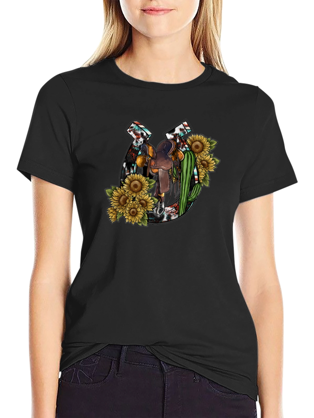 Rustic Horseshoe & Saddle Sunflower Graphic Tee