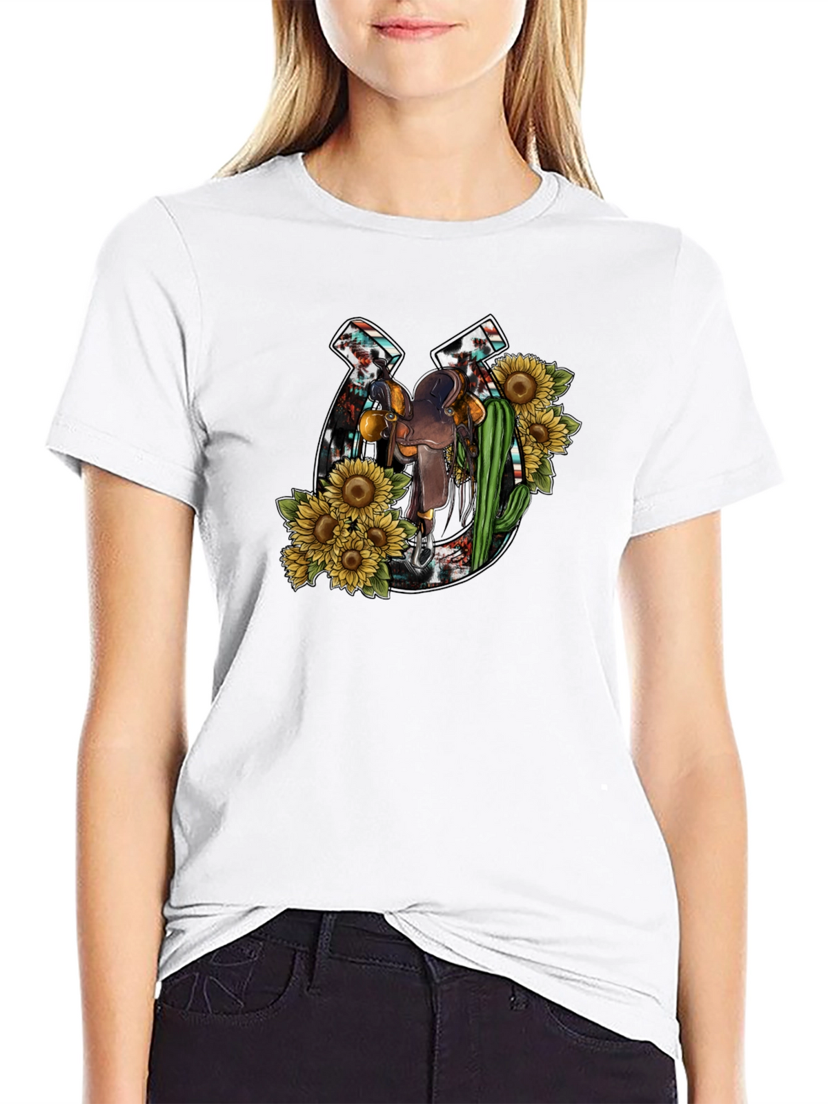 Rustic Horseshoe & Saddle Sunflower Graphic Tee