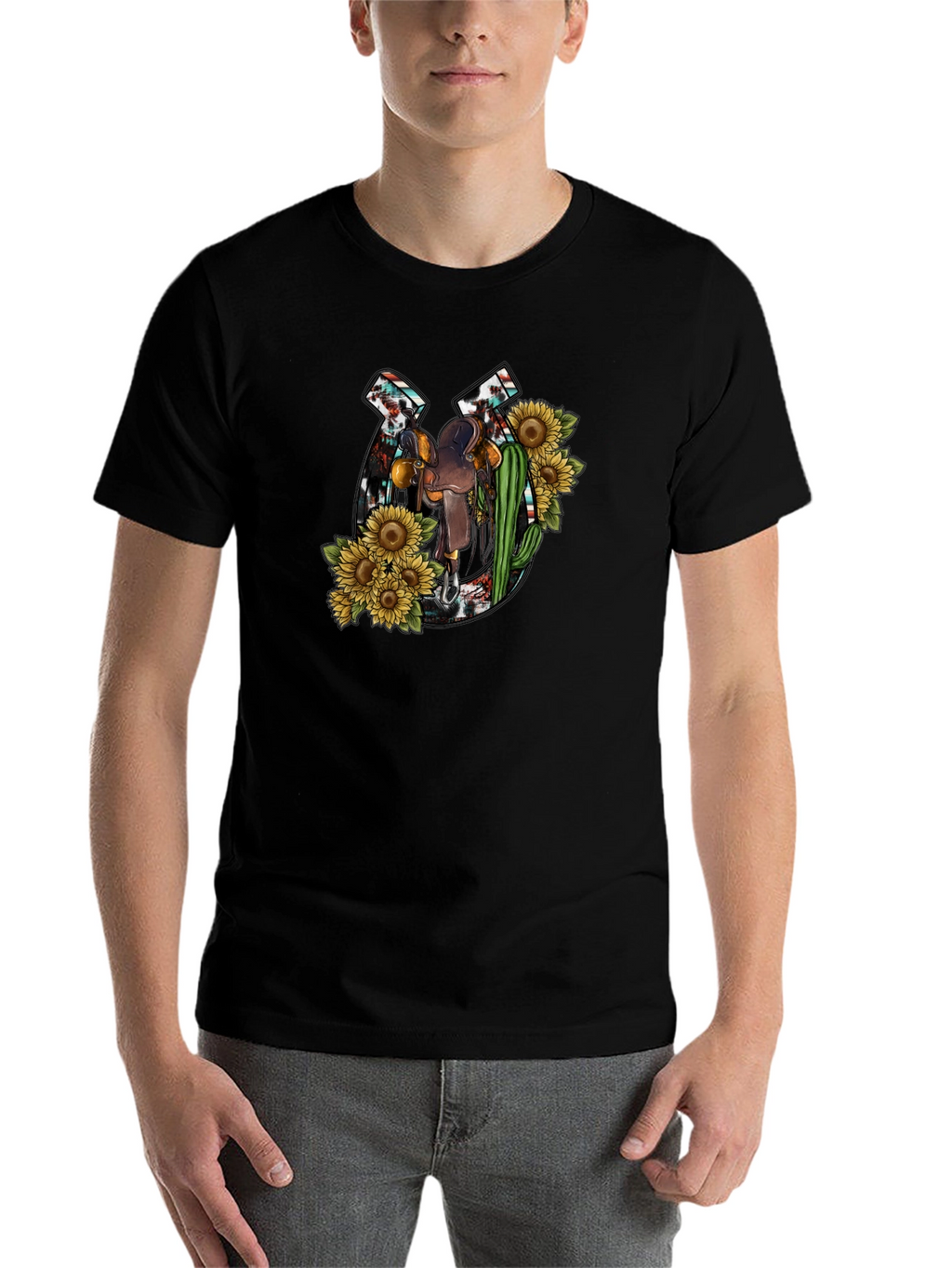 Rustic Horseshoe & Saddle Sunflower Graphic Tee