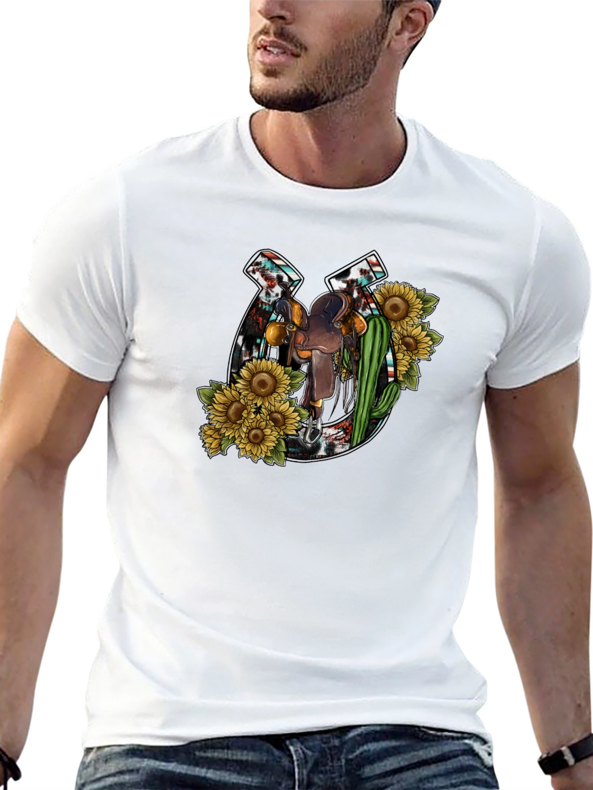 Rustic Horseshoe & Saddle Sunflower Graphic Tee