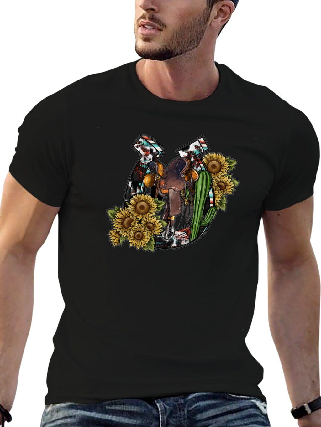Rustic Horseshoe & Saddle Sunflower Graphic Tee