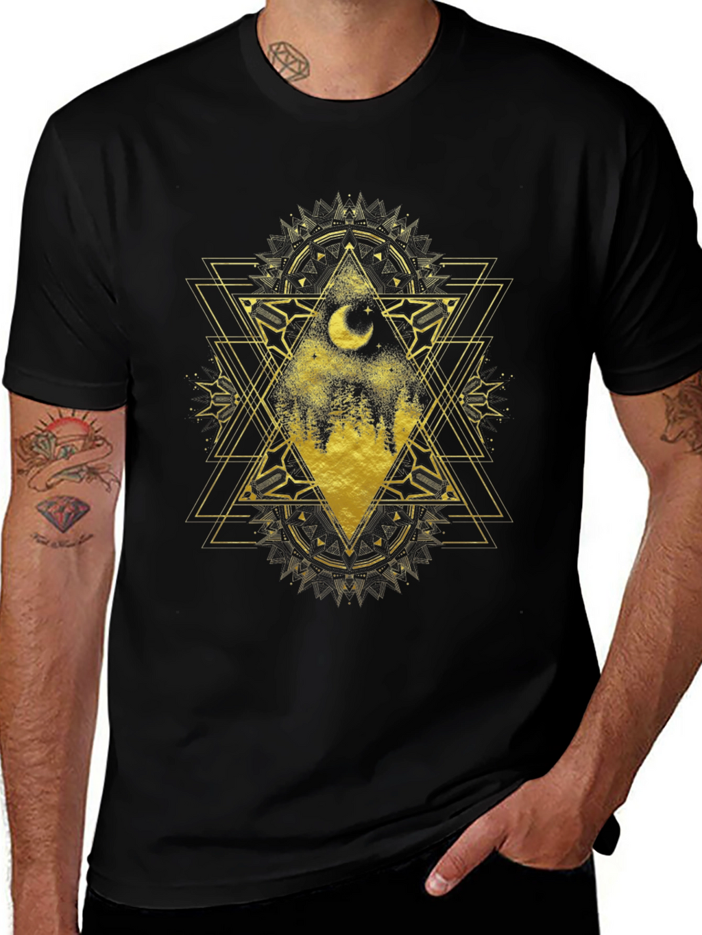 Geometric Moon Forest Graphic Tee - Black