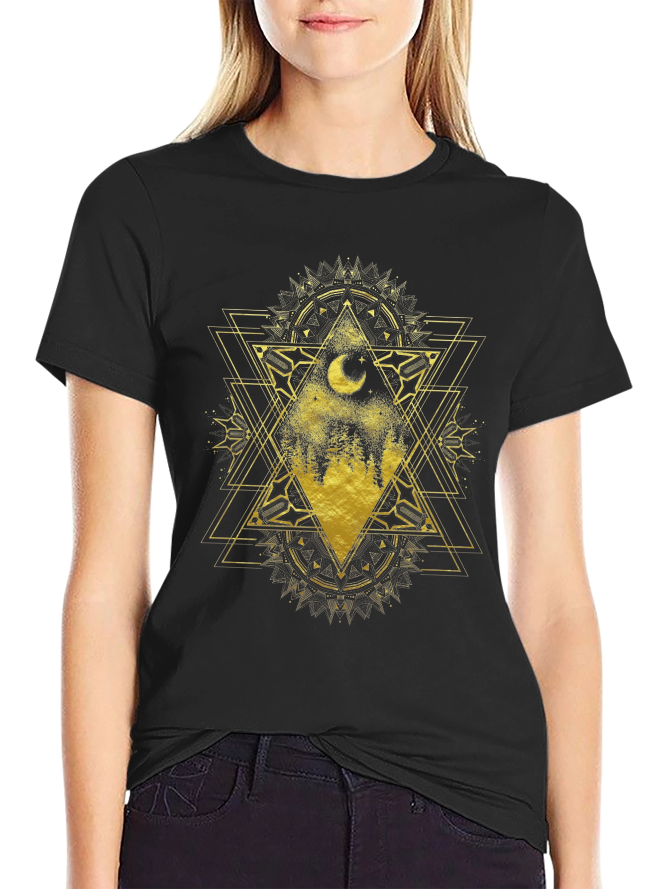 Geometric Moon Forest Graphic Tee - Black