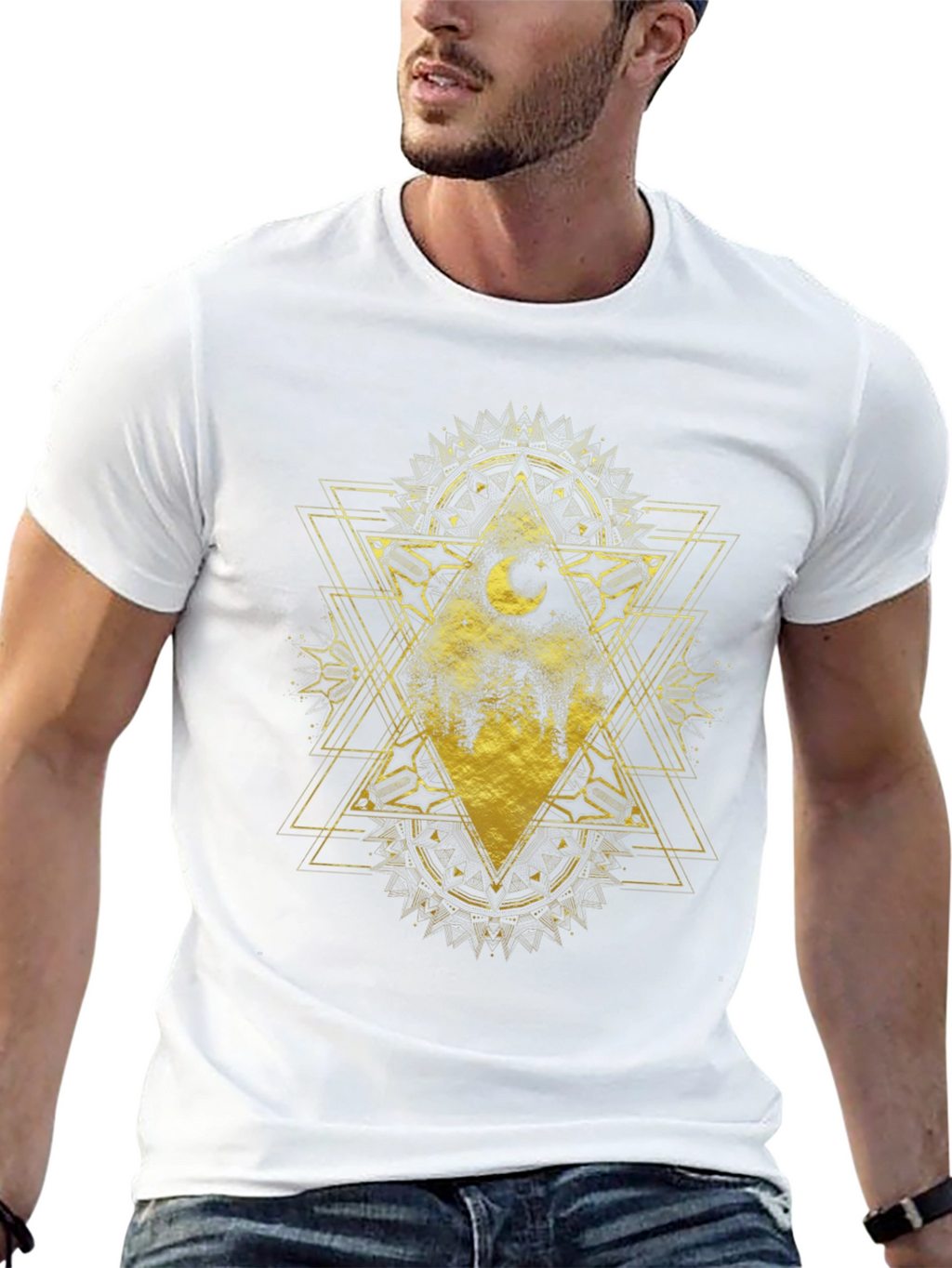 Geometric Moon Forest Graphic Tee - Black