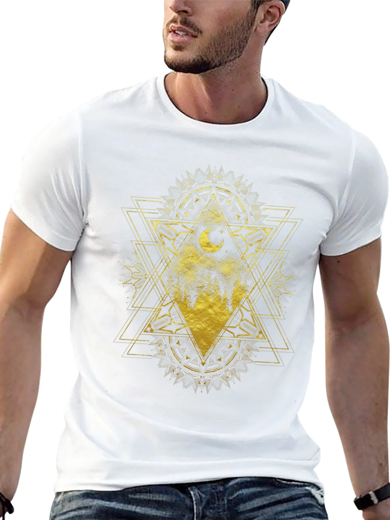 Geometric Moon Forest Graphic Tee - Black