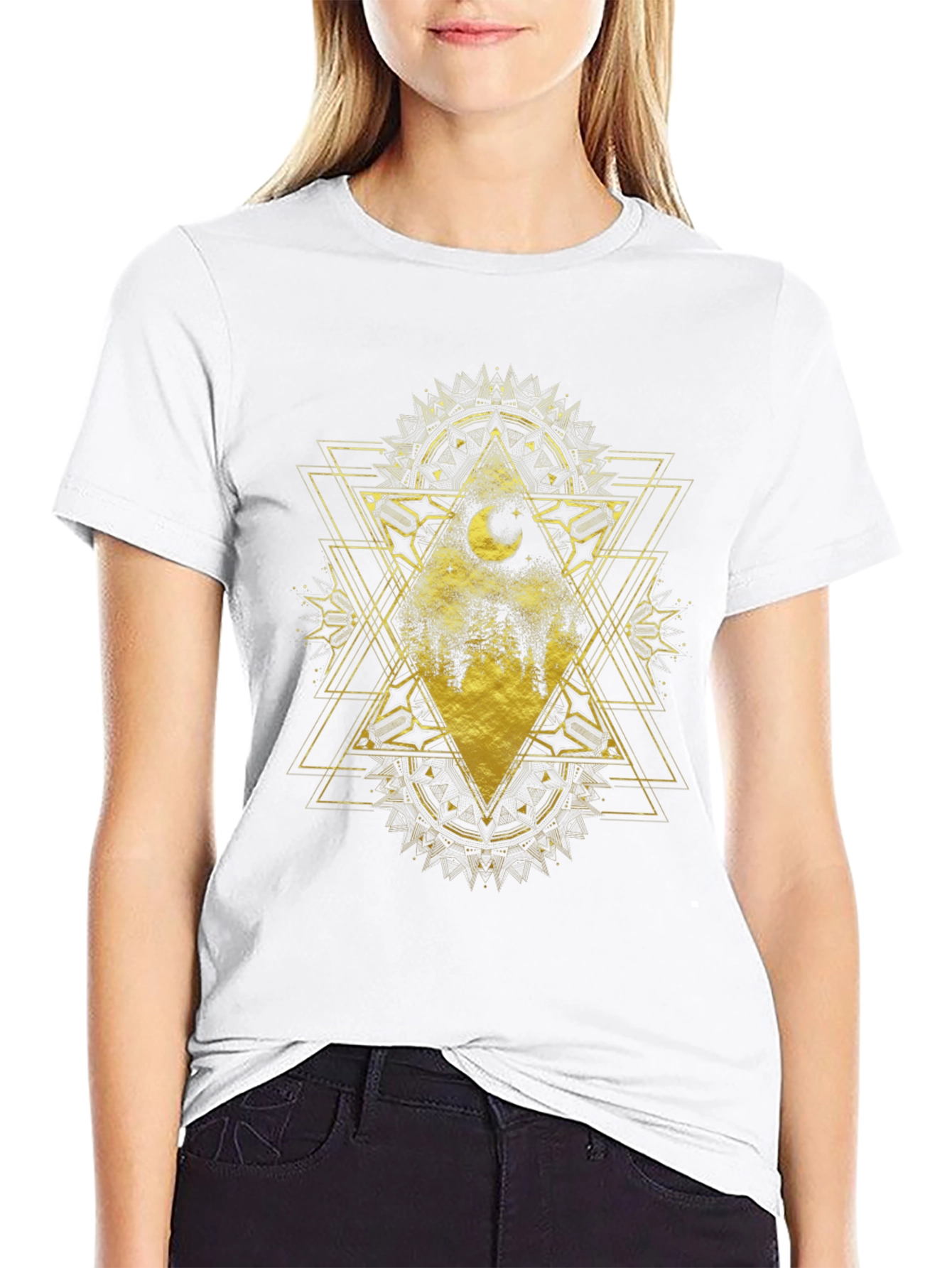 Geometric Moon Forest Graphic Tee - Black