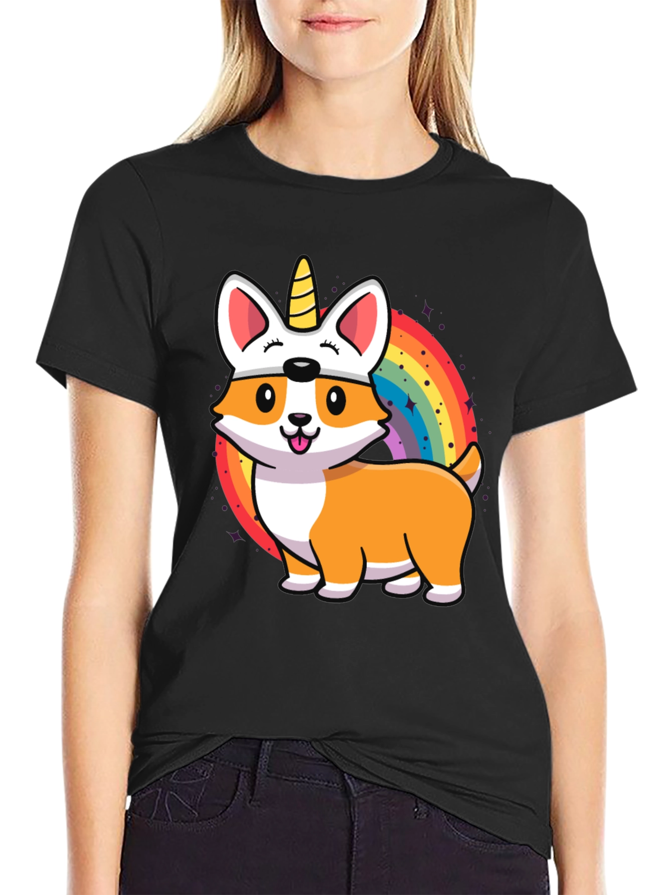 Unicorn Corgi Graphic Tee - Black Cotton T-Shirt