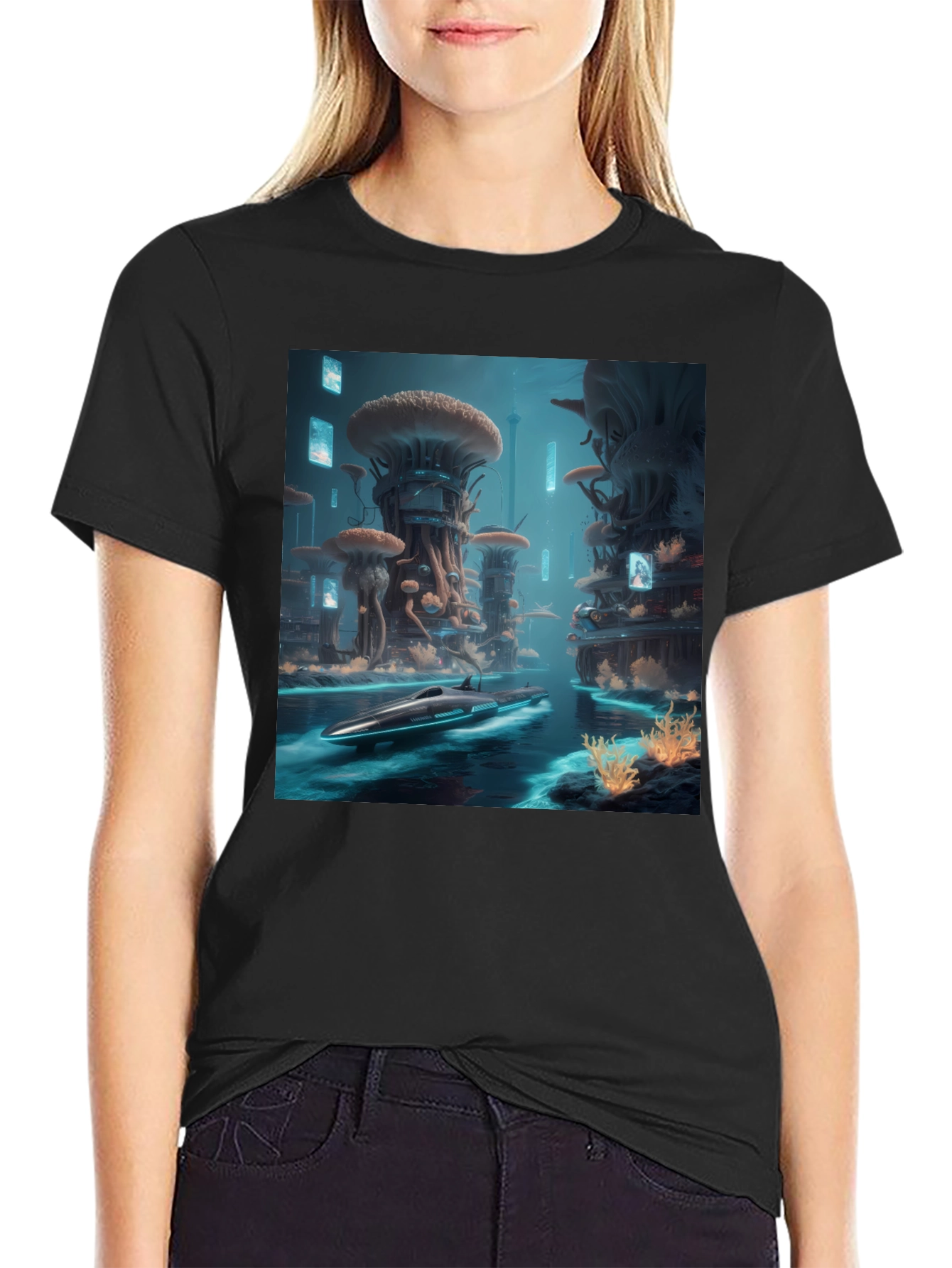 Sci-Fi Cityscape Black T-Shirt