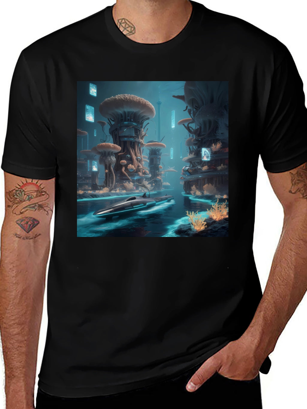 Sci-Fi Cityscape Black T-Shirt