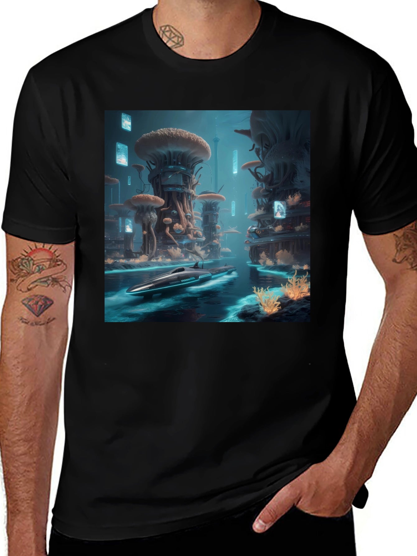 Sci-Fi Cityscape Black T-Shirt