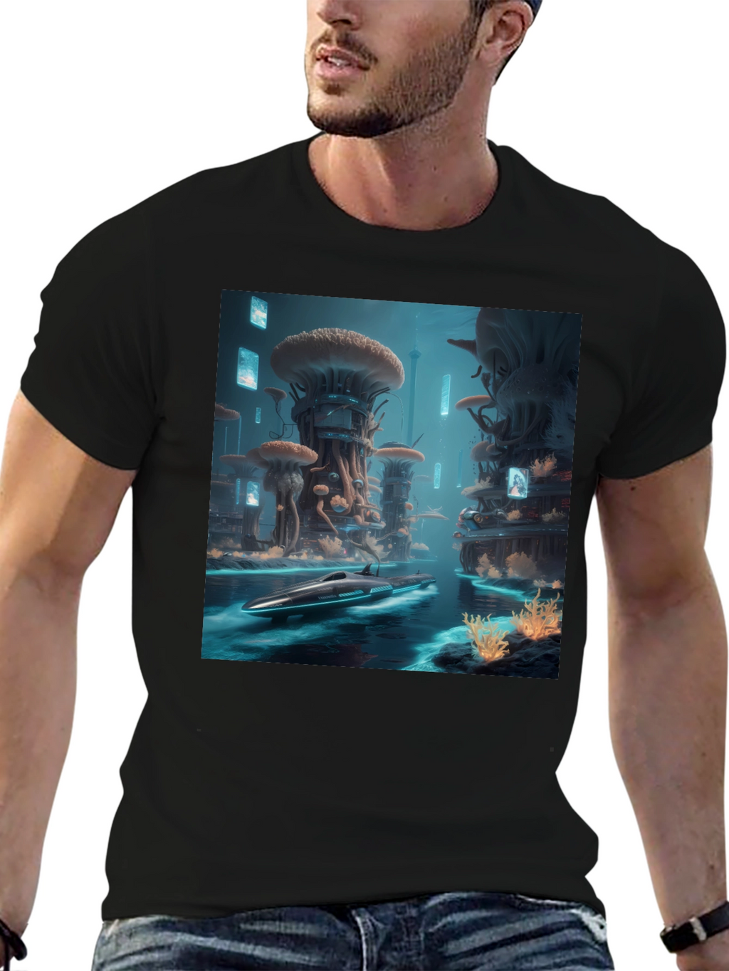 Sci-Fi Cityscape Black T-Shirt