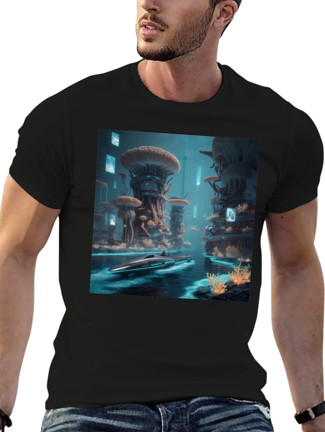 Sci-Fi Cityscape Black T-Shirt