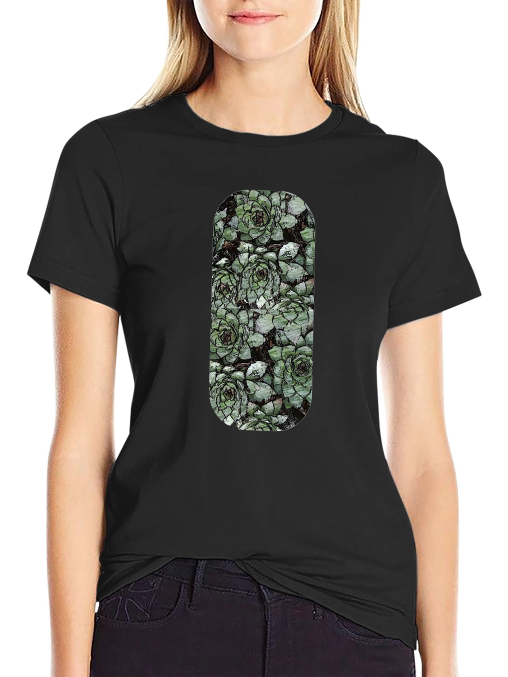 Succulent Print Black T-Shirt