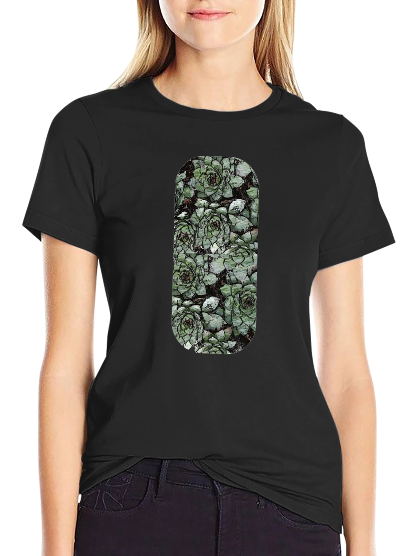 Succulent Print Black T-Shirt