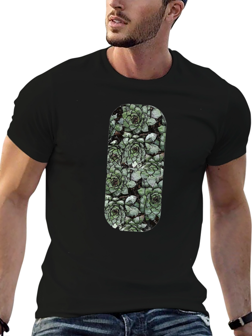 Succulent Print Black T-Shirt